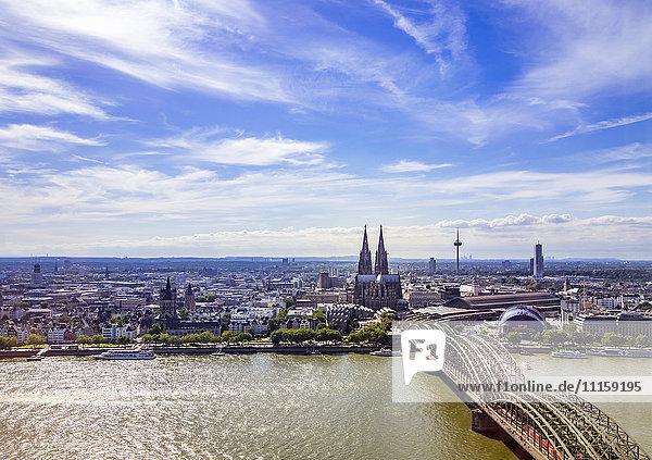 Germany Cologne view to the city with Hohenzollern Bridge and Rhine River in the foreground from above