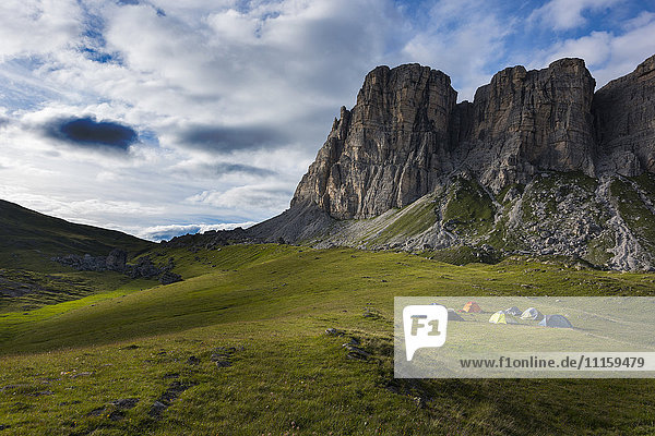 Italy  Dolomites  view to Mountain Lastoi de Formin with camp in the foreground