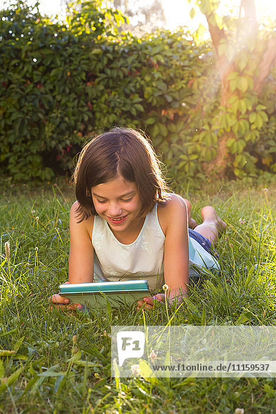 Smiling girl lying on a meadow using tablet