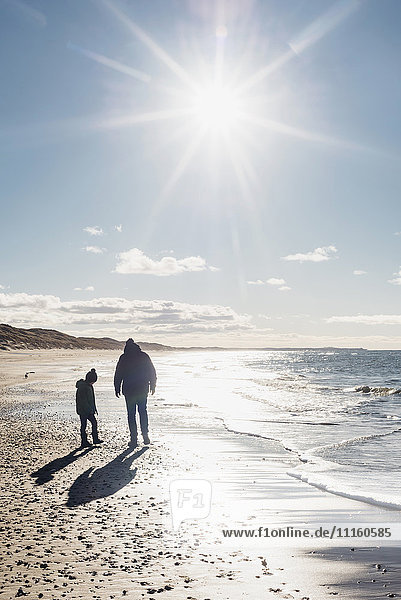 Dänemark,  Hirtshals,  Vater und Sohn gehen im Gegenlicht am Strand spazieren