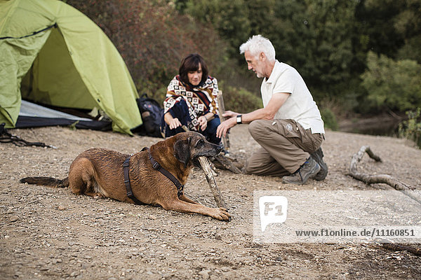 Seniorenpaar mit Hund im Zelt