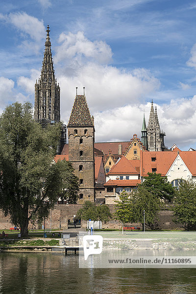 Deutschland  Ulm  Blick auf Ulmer Münster und Metzgerturm mit Donau im Vordergrund