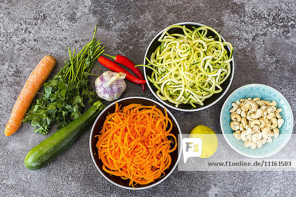 Ingredients of vegetable noodle salad