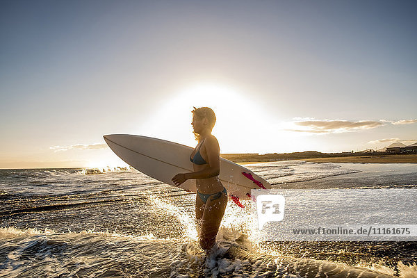 Spanien  Teneriffa  junge Surferin bei Sonnenuntergang
