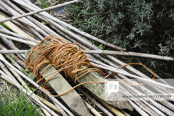 A bundle of twigs and garden twine on a garden path.