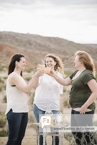 Drei Frauen stehen in einer Wüstenlandschaft  trinken etwas und bringen einen Toast aus.