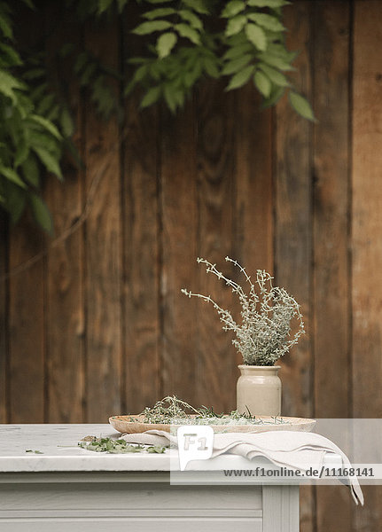 Ein Gartenzaun  ein Tisch und Kräuter in einem Krug.