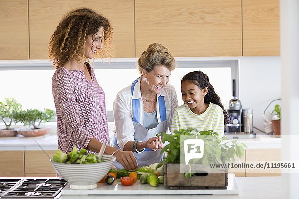 Seniorin mit Tochter und Enkelin in der Küche