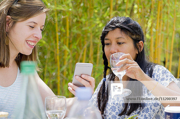 Frauen entspannen sich gemeinsam im Freien  schauen auf das Smartphone