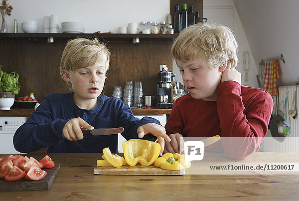 Junge  der dem Bruder hilft  Paprika am Tisch in der Küche zu hacken.