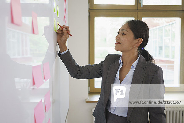 Businesswoman writing on adhesive note attached over whiteboard at office