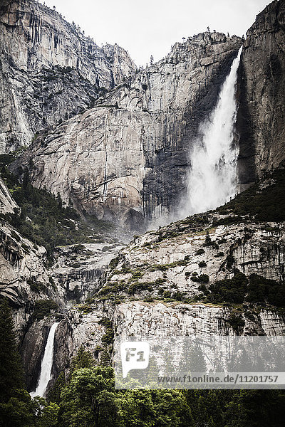 Low angle view of upper and lower Yosemite Falls  Yosemite National Park  California  USA