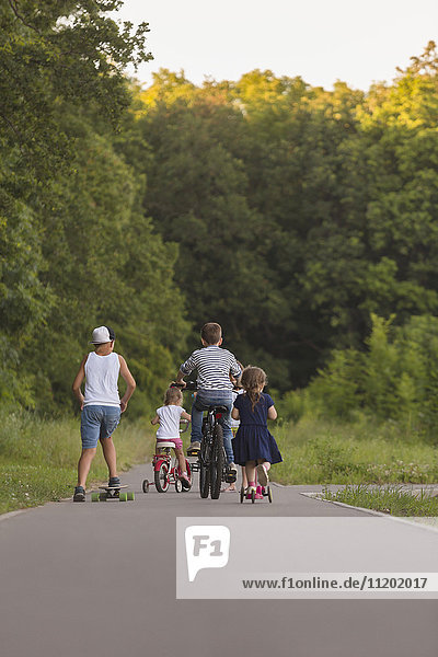 Rear view of siblings cycling on road against trees at park