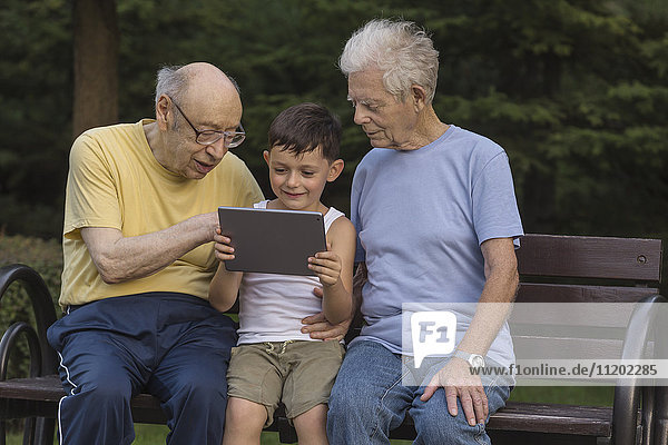 Grandfathers looking at smiling boy using digital tablet while sitting on park bench