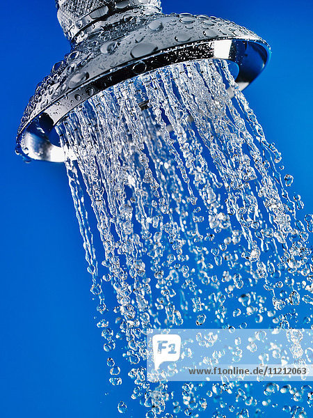Close-up of water flowing out of chrome shower head