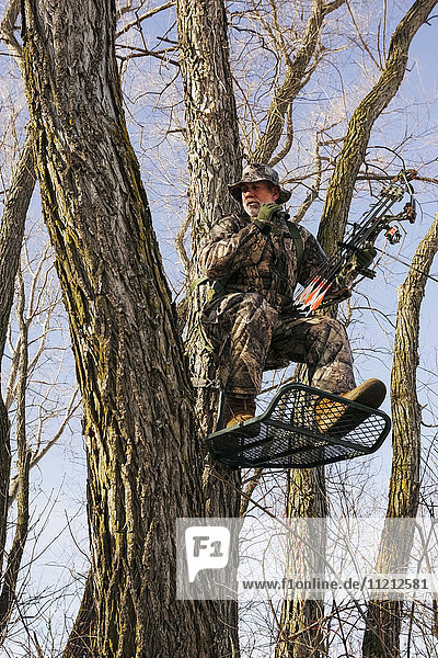 Bowhunter In Tree Stand in Winter