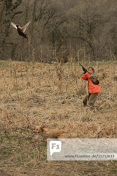 Female Upland Hunter Aiming At Pheasant