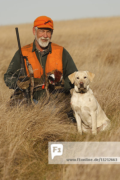 Pheasant Hunter With Yellow Lab In Field