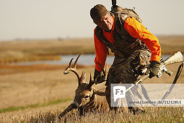 Deer Hunter Dragging Dead Deer Across Field
