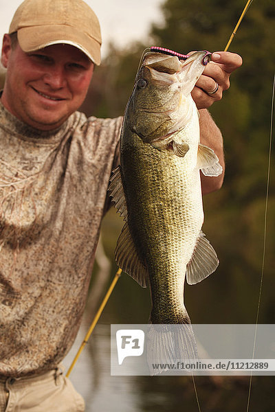 Fisherman Holds Up Freshly Caught Bass