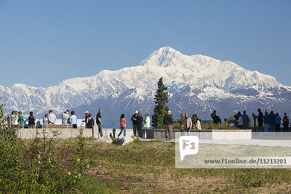 Tourists view Denali at the mile 135 pull off during summer  Southcentral Alaska  USA