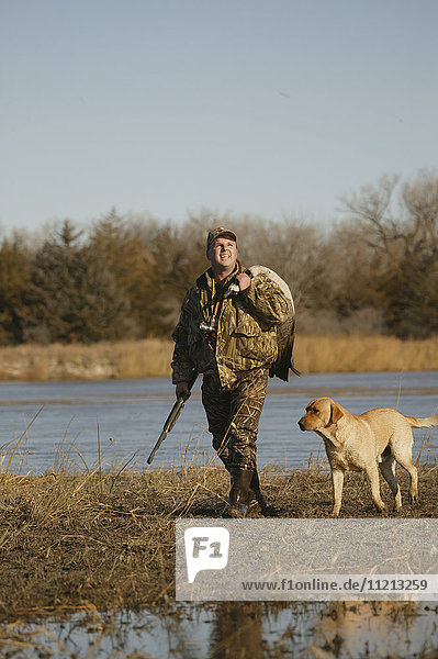 Goose Hunter Carrying Dead Goose With Yellow Lab