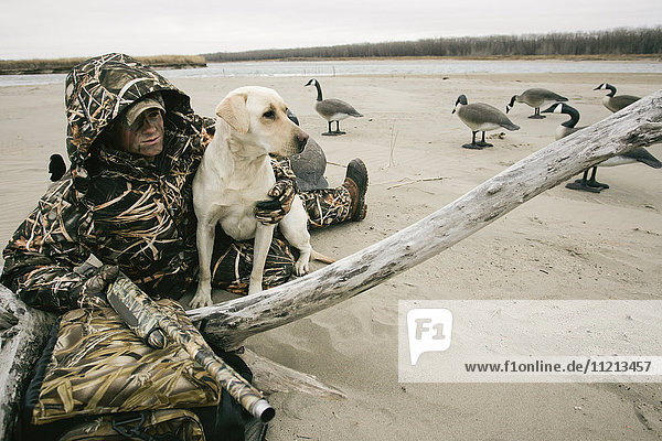 Waterfowl Hunter Hunting With Yellow Lab