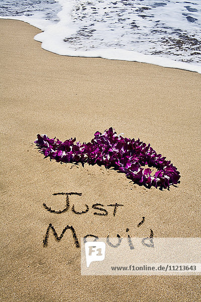 Ein lila Lei mit tropischen Blumen am Strand mit der Aufschrift 'just maui'd' im Sand; Hawaii  Vereinigte Staaten von Amerika'.