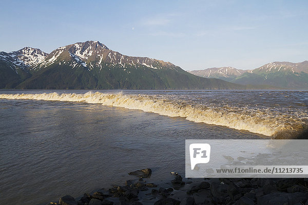 Large bore tide rolls across Turnagain Arm  Southcentral Alaska  USA