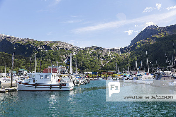 Boats docked at the Passage Canal Harbor in Prince William Sound  clear Sunny skies overhead  Whittier  South Central Alaska  USA  Summer