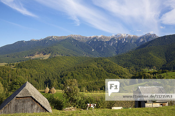 Ländliche Landschaft mit landwirtschaftlichen Gebäuden in den Karpaten