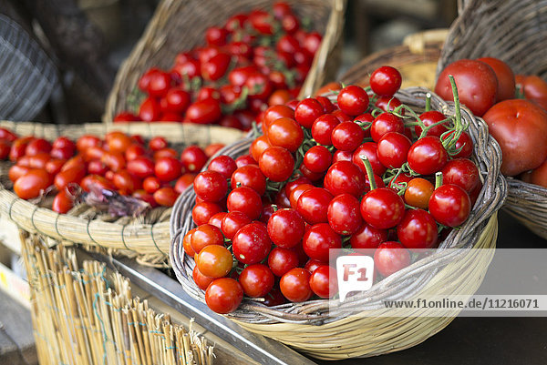 Leuchtend rote  reife Tomaten in Körben; Ischia  Kampanien  Italien'.