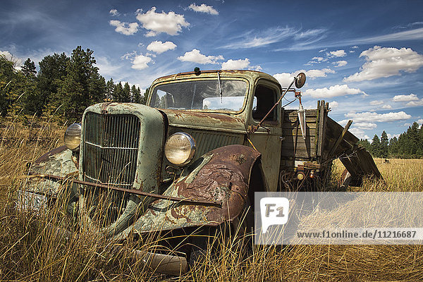 Ein verlassener Oldtimer-Lkw auf einem Feld; Palouse  Washington  Vereinigte Staaten von Amerika'.