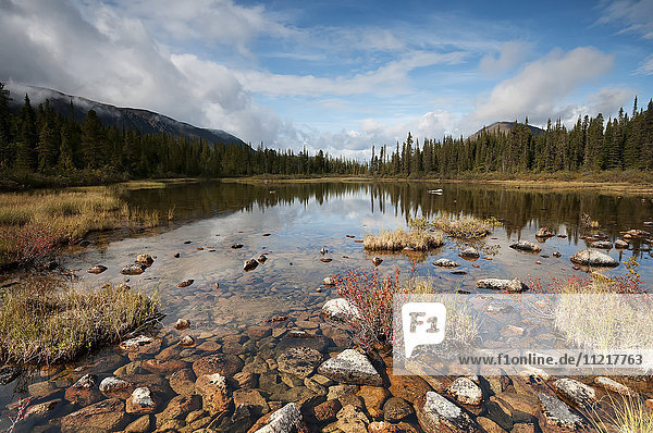 Ruhiger Teich im Norden von British Columbia mit Blick auf den Steamboat Mountain hinter einem Wald; British Columbia  Kanada'.