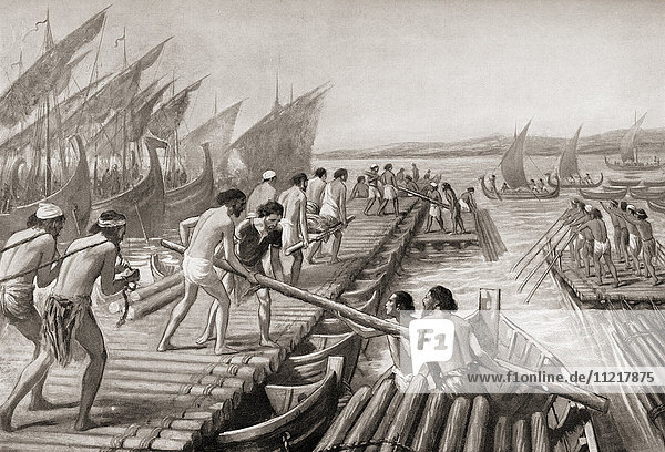 Phönizische Seeleute bauen für Xerxes I. von Persien eine Pontonbrücke über den Hellespont  die ihm die Invasion Griechenlands ermöglicht  ca. 480 v. Chr. Aus Hutchinson's History of the Nations  veröffentlicht 1915.