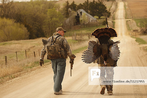 Turkey Hunters Carrying Dead Turkeys Walking On Country Road