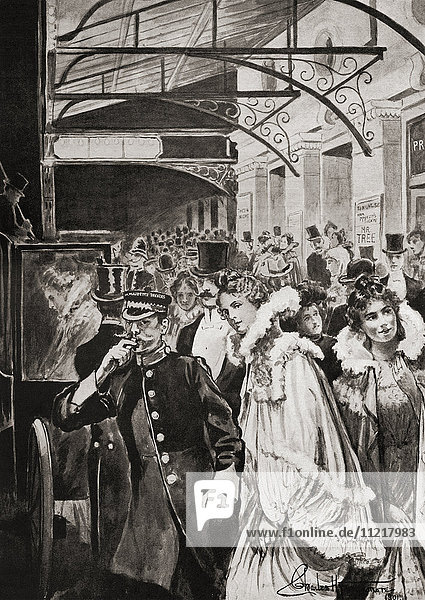 Theatre goers leaving Her Majesty's Theatre Haymarket London England in the late 19th century. From Living London published c.1901