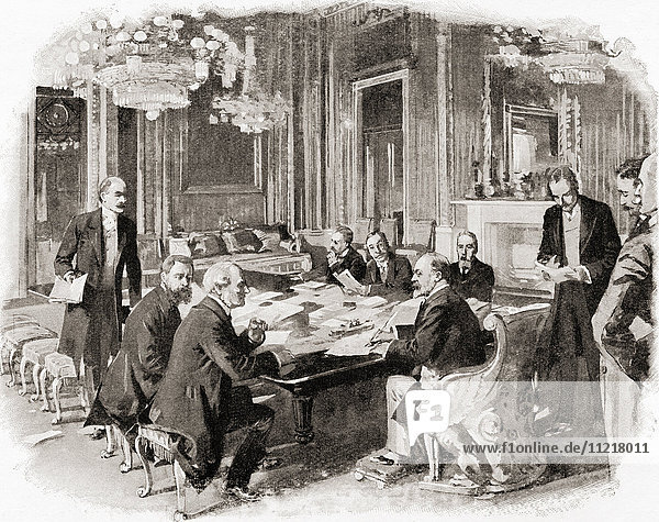 King Edward VII at a privy council meeting at Buckingham Palace  London  England in the late 19th century. Edward VII  1841 – 1910. King of the United Kingdom. From Living London  published c.1901