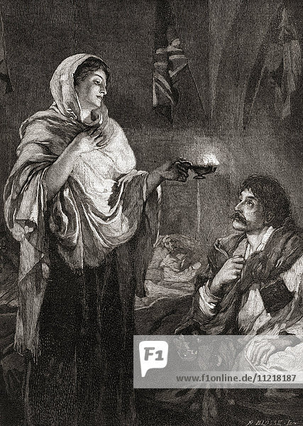 The Lady with the Lamp: Florence Nightingale in the hospital at the Scutari Barracks  Turkey  during the Crimean War. Florence Nightingale  1820 – 1910. English social reformer and statistician  and the founder of modern nursing. From The Century Edition of Cassell's History of England  published c. 1900