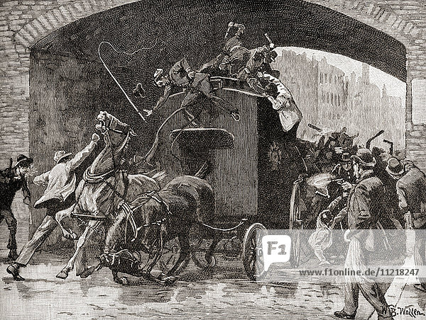 The Manchester Outrages  1867. Members of the Fenians  the Irish Republican Brotherhood  attacking a horse-drawn police van in Manchester  England transporting two arrested leaders of their Brotherhood. This resulted in the arrest and subsequent execution of three of them for the murder of a police officer travelling inside the van. From The Century Edition of Cassell's History of England  published c. 1900