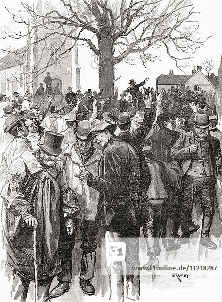 Streikversammlung der Landarbeiter von Warwickshire im Jahr 1872 in Whitnash bei Wellesbourne  England  unter der Leitung von Joseph Arch (1826 - 1919). Aus der Jahrhundertausgabe von Cassell's History of England  veröffentlicht um 1900