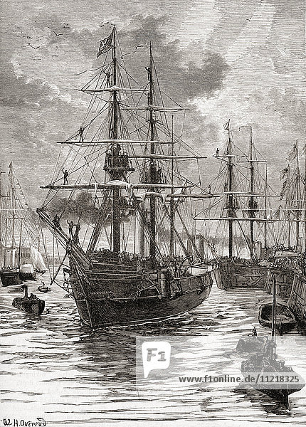 Die HMS Alert und die HMS Discovery verlassen Portsmouth  England  am 29. Mai 1875  zu Beginn der Britischen Arktis-Expedition von 1875-1876 unter der Leitung von Sir George Strong Nares. Aus der Jahrhundertausgabe von Cassell's History of England  veröffentlicht um 1900