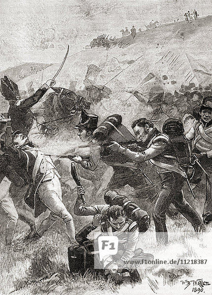 Britische Füsiliere in der Schlacht von Albuera  Spanien  16. Mai 1811  während des Halbinselkriegs. Aus der Jahrhundertausgabe von Cassell's History of England  veröffentlicht um 1900