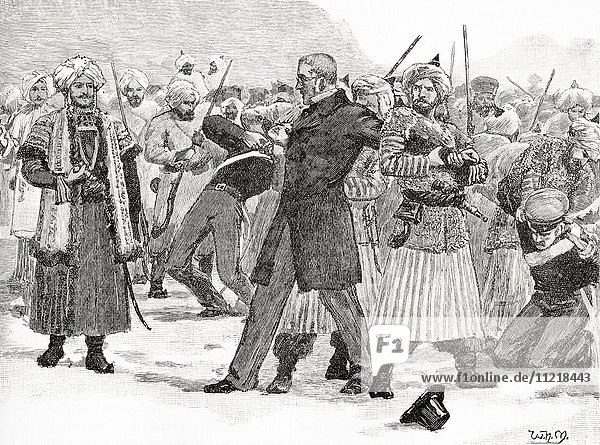 The capture of Sir William Hay Macnaghten and his party by the Afghan Prince  Akbar Khan  December 1841. They were later assassinated. Sir William Hay Macnaghten  1st Baronet   1793 – 1841. British civil servant in India  who played a major part in the First Anglo-Afghan War. From The Century Edition of Cassell's History of England  published c. 1900