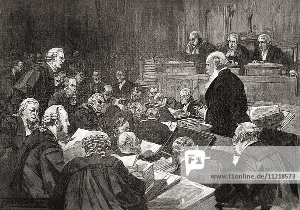 The cross examination of Richard Pigott the Irish journalist during the Parnell Commission a judicial inquiry in the late 1880s into allegations of crimes by Irish parliamentarian Charles Stewart Parnell. From The Century Edition of Cassell's History of England published c. 1900