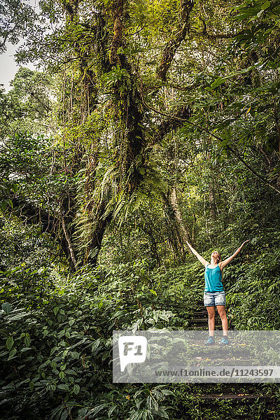 Junge Frau steht auf einer Treppe und schaut auf den Regenwald  Wana Giri  Bali  Indonesien