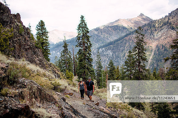 Mittleres erwachsenes Paar beim Wandern entlang des Weges  Mineral King  Sequoia National Park  Kalifornien  USA