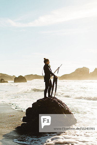 Diver with speargun standing on rock  Big Sur  California  USA