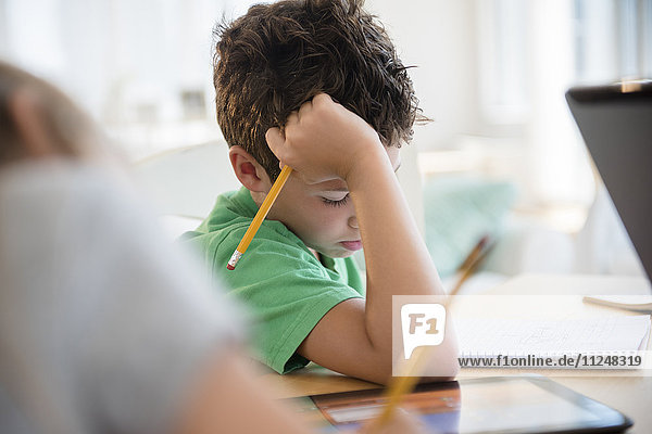 Junge (8-9)  der sich auf seine Hausaufgaben konzentriert
