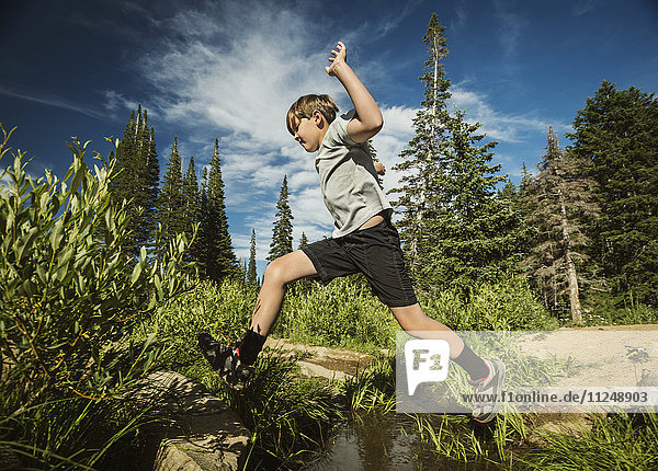 Junge (12-13) springt im Wald